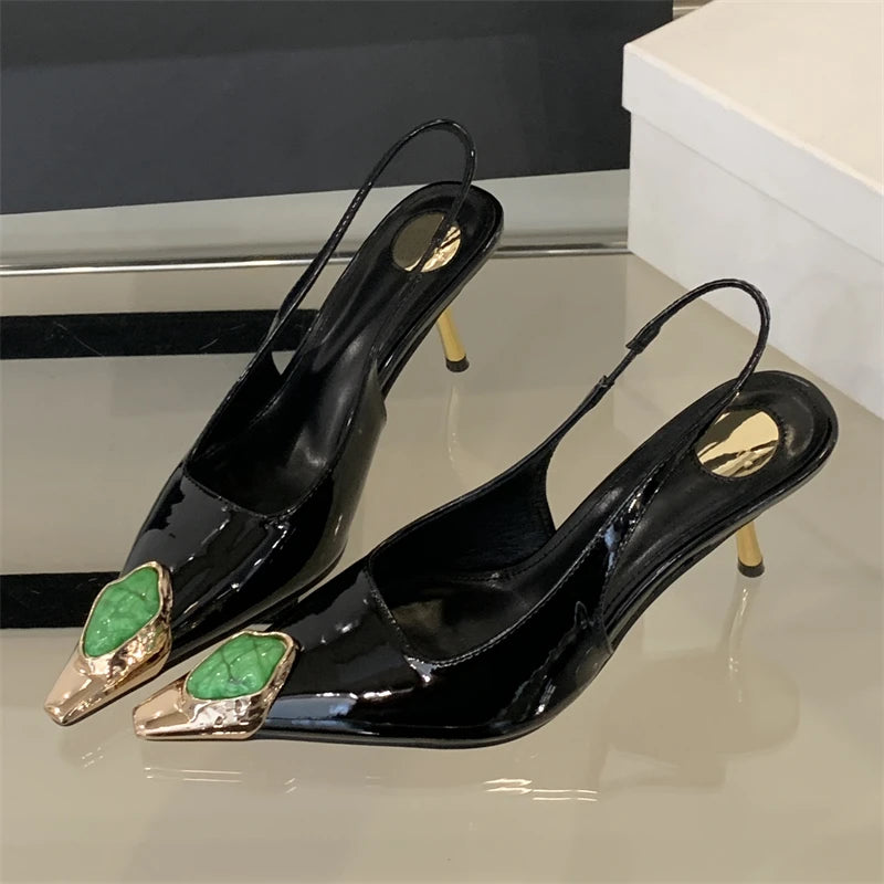 Eilyken Street Style Design Inlay Diamonds Woman Pumps Sandals Elegant Sexy Thin Heels Pointed Toe Banquet Prom Slingbacks Shoes