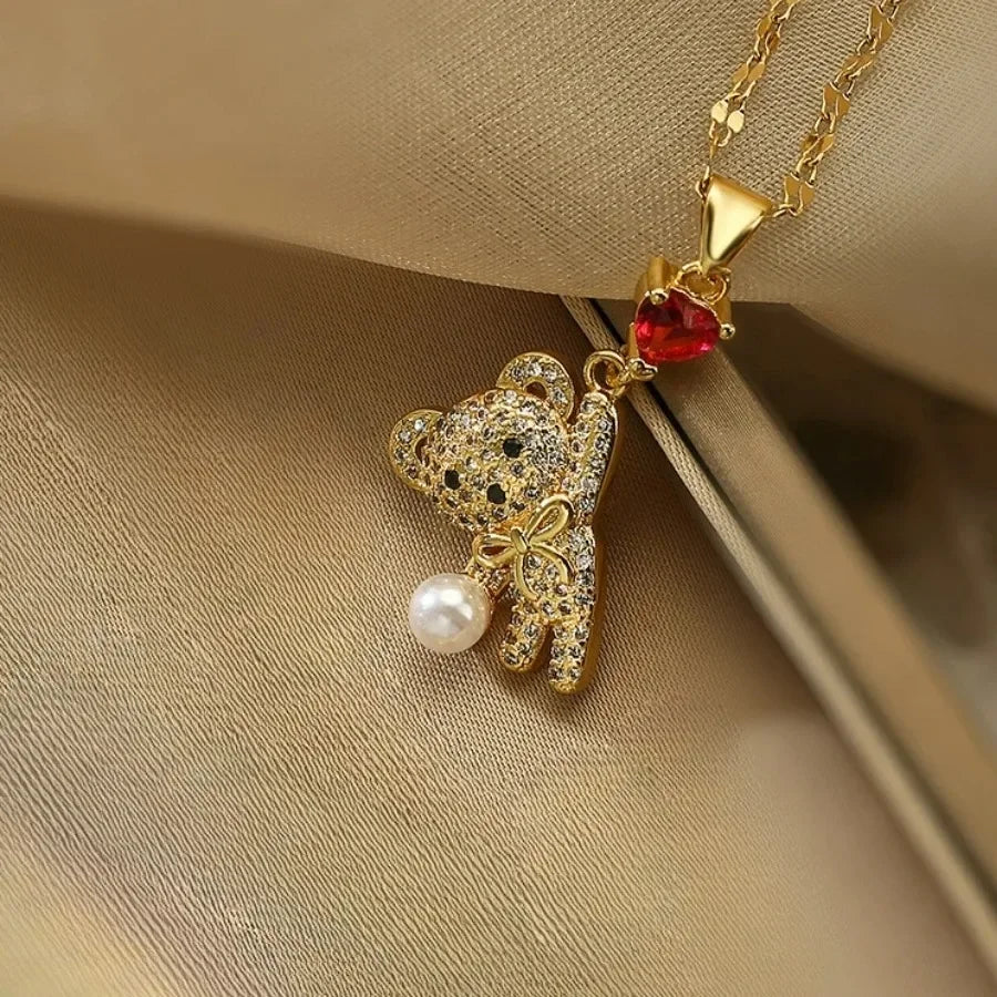 1 Piece Stainless Titanium Steel Chain Cute Bow Red Love Heart Balloon Bear Pendant Necklace Women's Romantic Jewelry Girls Gift