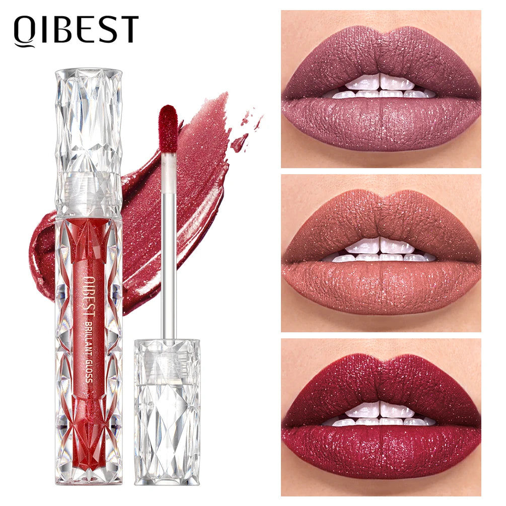 QIBEST Shimmer Lip Gloss Diamond Glitter Lip Tint Waterproof Long Lasting Matte Liquid Lipstick Red Purple Lipgloss Women Makeup