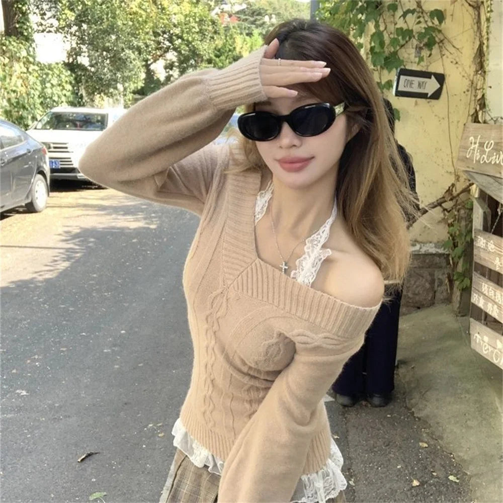 Fashion Vintage V-neck Knitted Tops Women 2025 Early Autumn New Sweaters Pullover Slim Long Sleeve Pullovers Sexy Gray Jumpers