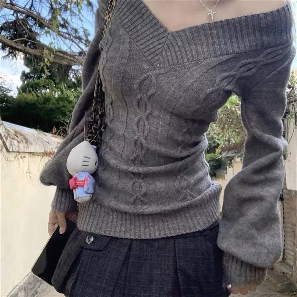 Fashion Vintage V-neck Knitted Tops Women 2025 Early Autumn New Sweaters Pullover Slim Long Sleeve Pullovers Sexy Gray Jumpers