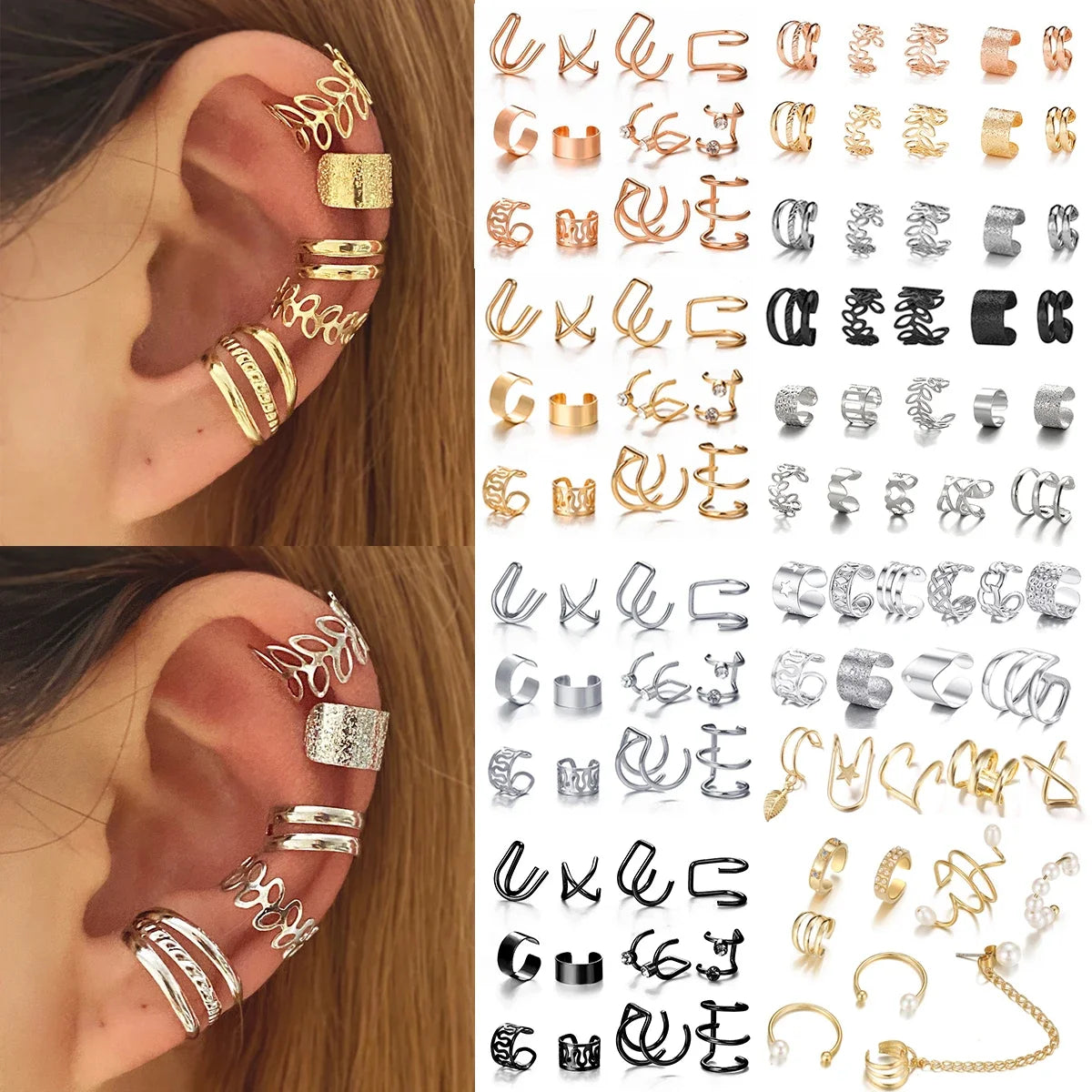 10 Pcs Leaves Clip Earrings for Women Rose Gold Color Creative Simple C Ear Cuff Non-Piercing Ear Clips Set Trend Jewelry Gift